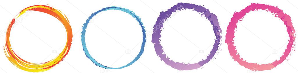 Grungy, textured circle element. Circular splatter shape. Stock vector illustration, clip-art graphics