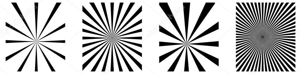 Starburst, sunburst radiating lines, stripes shape element. Radial streaks, strips. Stock vector illustration, clip-art graphics