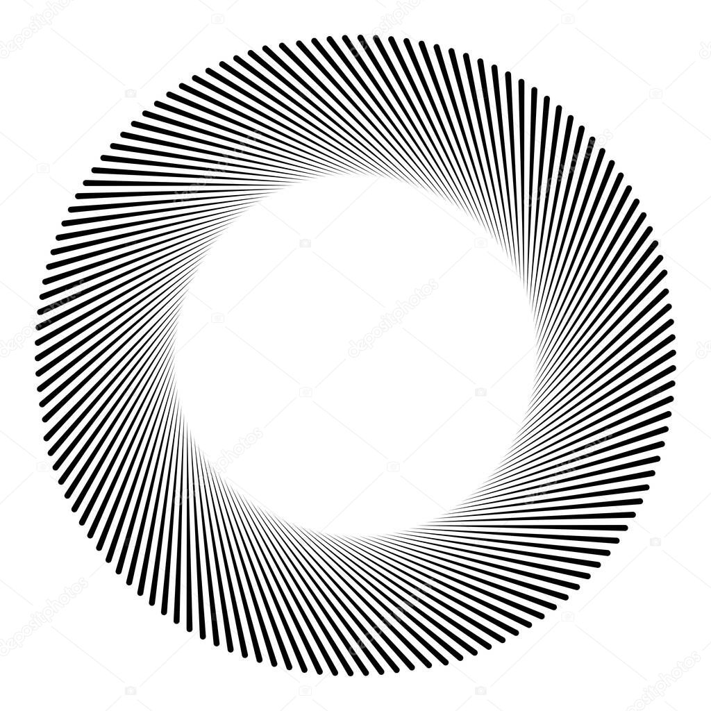 Spiral, swirl, twirl rotating radial, radiating burst lines. Starburst, sunburst shape element