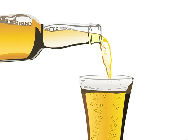 Bier fließt aus der Flasche in das Glas auf weißem Hintergrund — Stockvektor