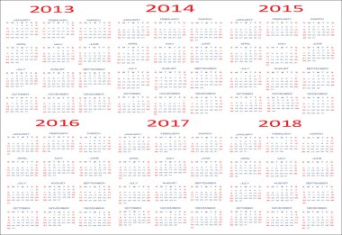 temel takvim, 2013, 2014, 2015, 2016, 2017, 2018