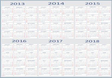 temel takvim, 2013, 2014, 2015, 2016, 2017, 2018