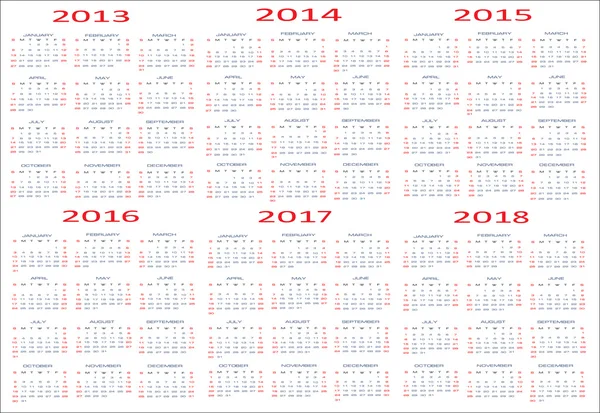 Basic Calendar, 2013, 2014, 2015, 2016, 2017, 2018 — Stock Vector