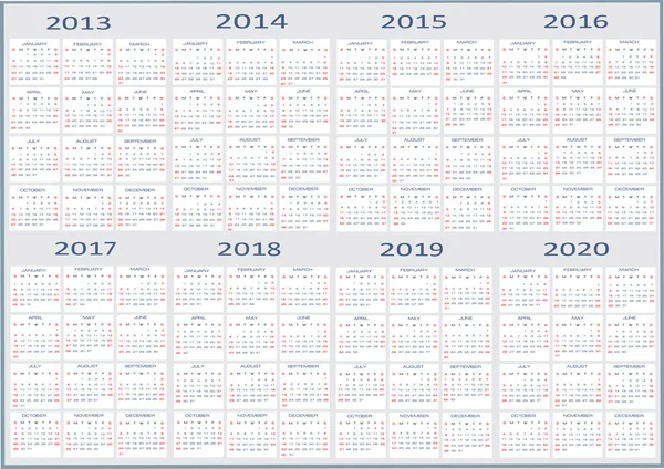 Nowy rok 2013, 2014, 2015, 2016, 2017, 2018, 2019, kalendarze 2020 — Wektor stockowy