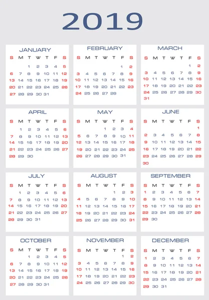 Calendario vectorial 2019 — Archivo Imágenes Vectoriales