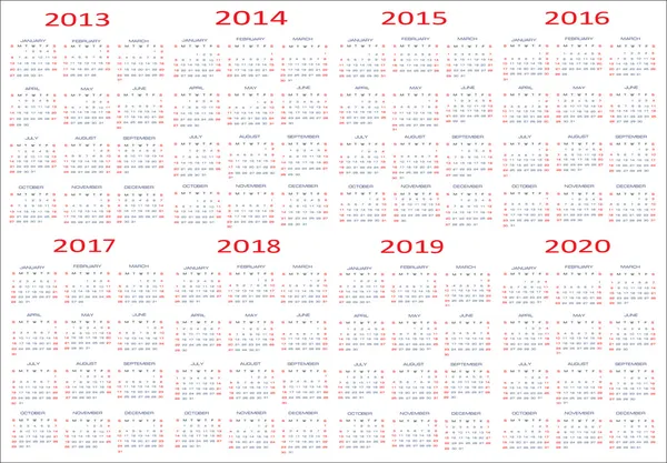 Neujahr 2013, 2014, 2015, 2016, 2017, 2018, 2019, 2020 Kalender — Stockvektor