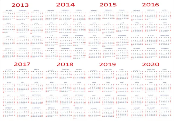 Nouvel an 2013, 2014, 2015, 2016, 2017, 2018, 2019, 2020 Calendriers — Image vectorielle