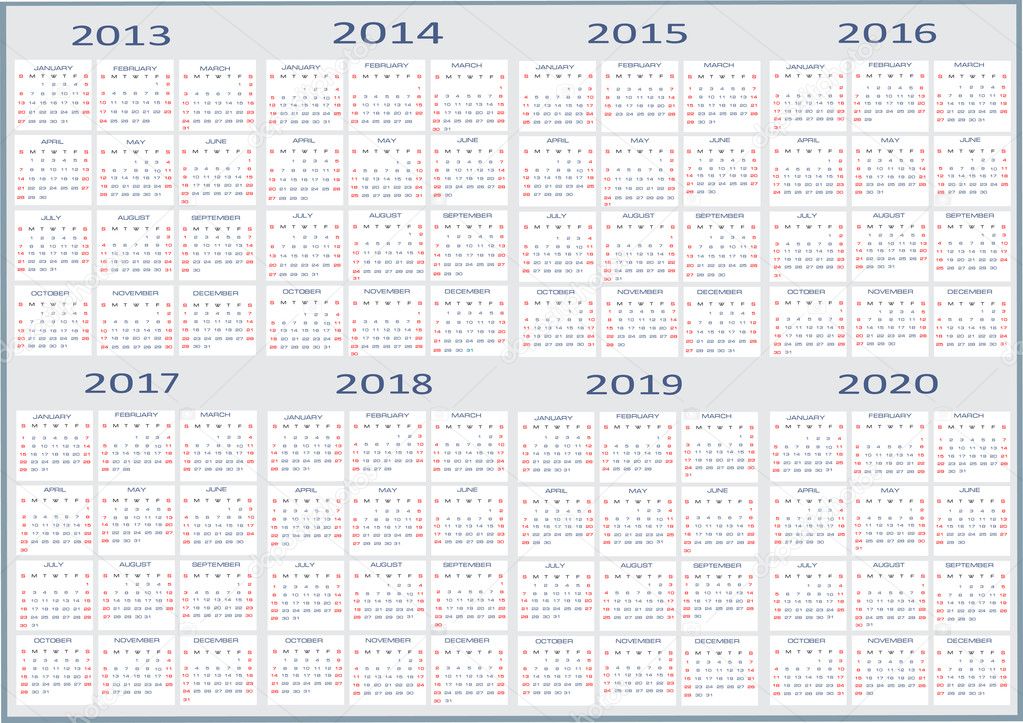 New year 2013, 2014, 2015, 2016, 2017, 2018, 2019, 2020 Calendars