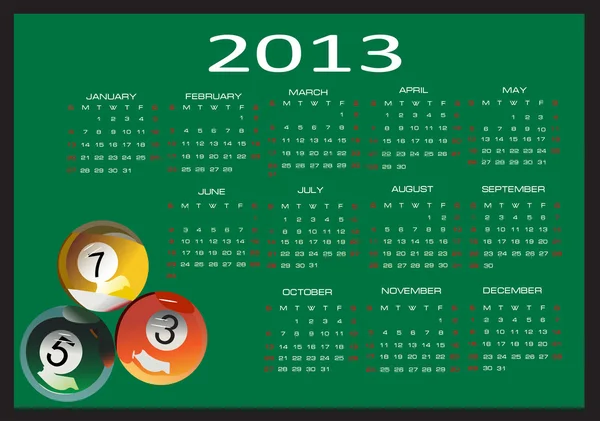 Calendar for 2013, Week starts on Sunday. — Stock Vector