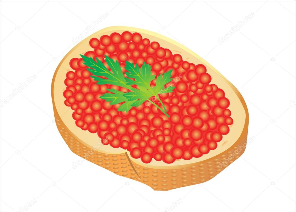 Red caviar with bread on the white background