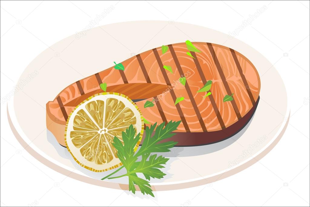 Grilled salmon on white background