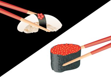 Sushi with chopsticks isolated over white and black background clipart