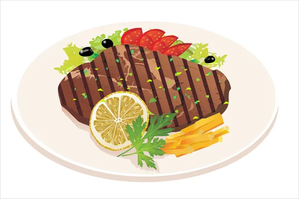 Filete a la parrilla, papas fritas y verduras — Vector de stock