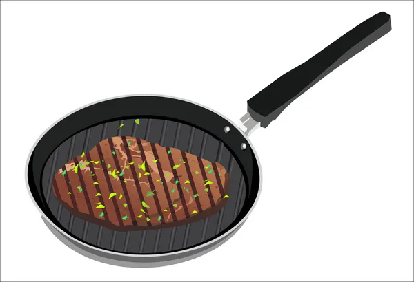 Chutné hovězí steak grilování v litinový žebrovaný plůdku pan — Stockový vektor