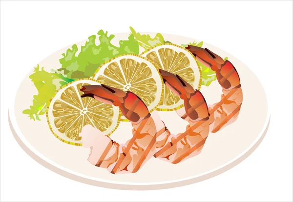 Crevettes fraîches grillées au citron sur plaque blanche — Image vectorielle
