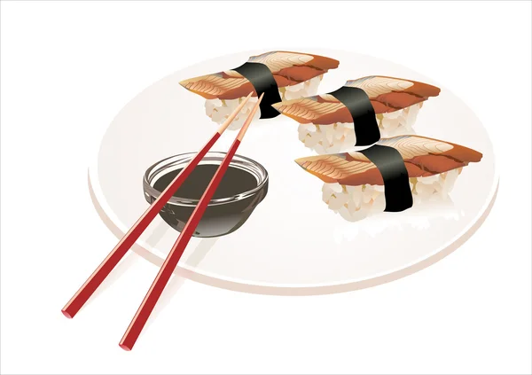 Sashimi-Sushi mit Aal und Sauce — Stockvektor