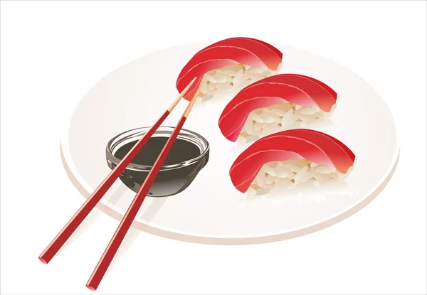 Tonfisk sushi med pinnar isolerad på vit bakgrund — Stock vektor