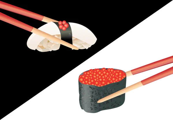 Sushi com pauzinhos isolados sobre fundo branco e preto — Vetor de Stock