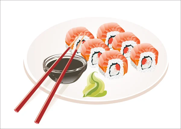 Rollo de sushi con huevas de salmón y queso crema — Vector de stock