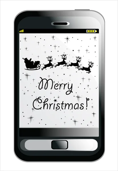 Mobile Smartphone with Christmas background, Santa Claus driving in a sledge, vector illustration — Stock Vector