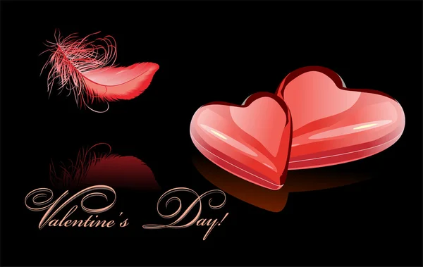 Festive background for Valentine's Day with two hearts and a feather — Stock Vector