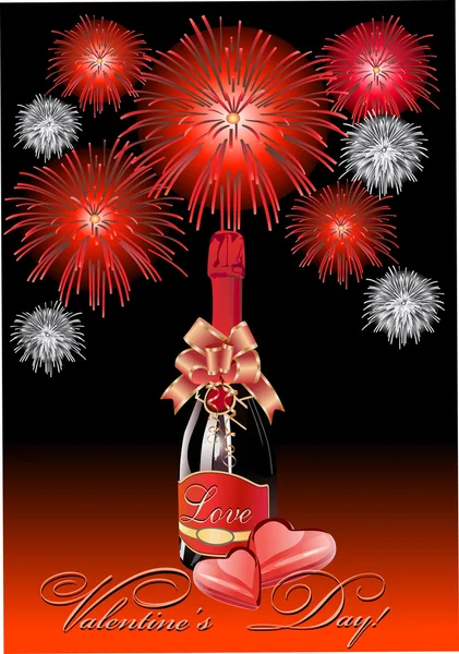 Sfondo festivo per San Valentino con due cuori e champagne — Vettoriale Stock