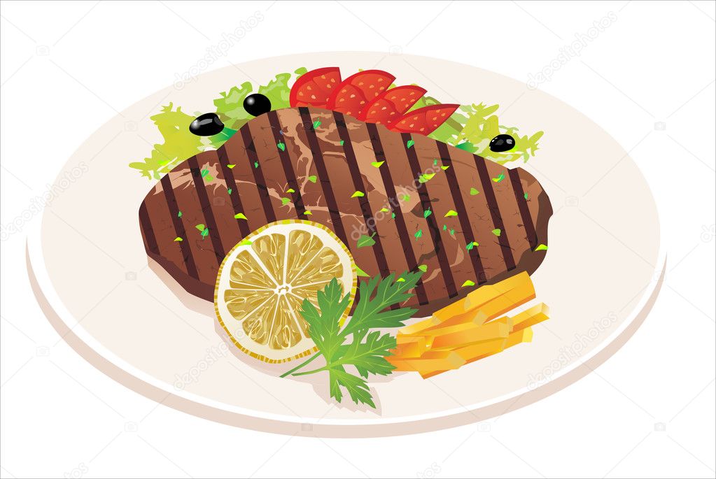 Grilled steak, French fries and vegetables Stock Vector by ©mitay20 16771335