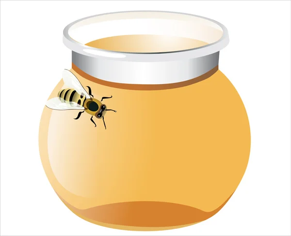 Glass pot full of honey and bee isolated on white background — Stock Vector