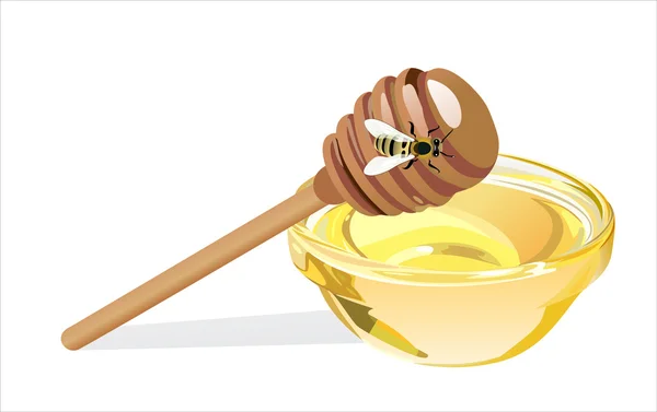 Sweet honey in glass bowl with wood stick and bee isolated on white — Stock Vector