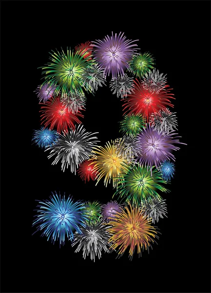 Number nine made from colorful in the form of fireworks numbers - check my portfolio for other numbers — Stock Vector