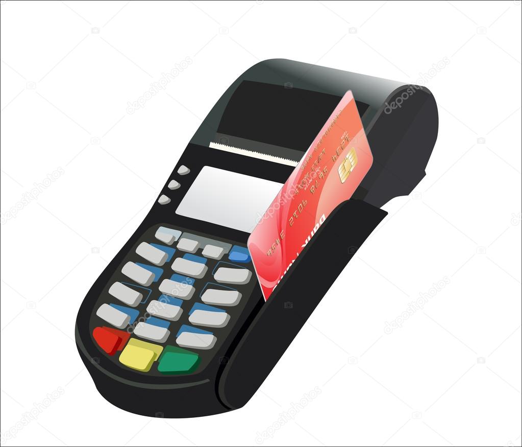 Credit card and card reader on white background