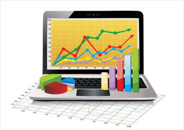 bazı 3d grafikler içeren bir elektronik tablo üzerinde gösterilen laptop