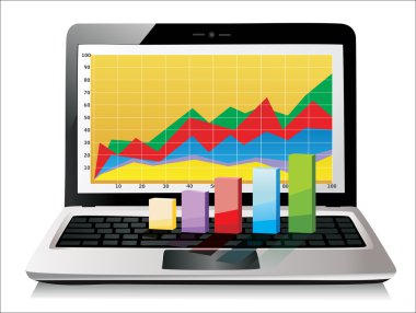 bazı 3d grafikler içeren bir elektronik tablo üzerinde gösterilen laptop