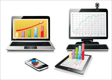 Computer, Laptop Tablet and Phone with business graph . Set of Computer Devices clipart
