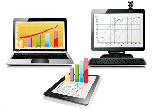 PC, laptop en tablet met zakelijke grafiek — Stockvector