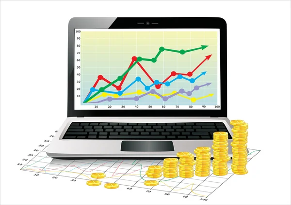 Concepto de beneficio, monedas muestra gráfico de crecimiento del negocio aislado en un fondo blanco — Vector de stock