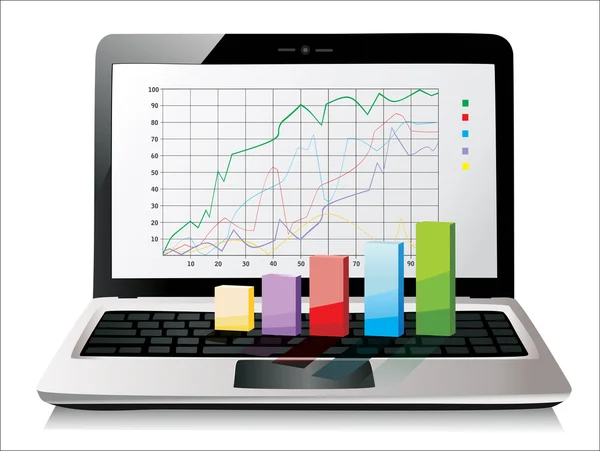 Laptop, der eine Tabelle mit einigen 3D-Diagrammen darüber zeigt — Stockvektor