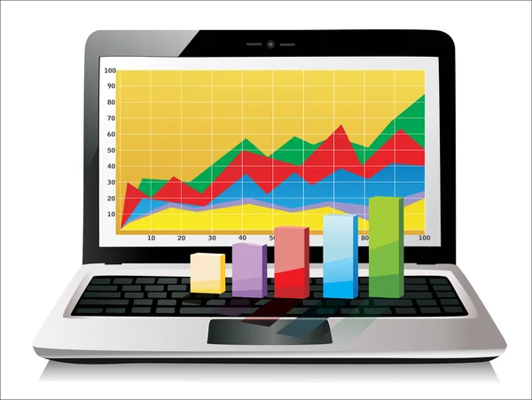 Laptop showing a spreadsheet with some 3d charts over it — Stock Vector