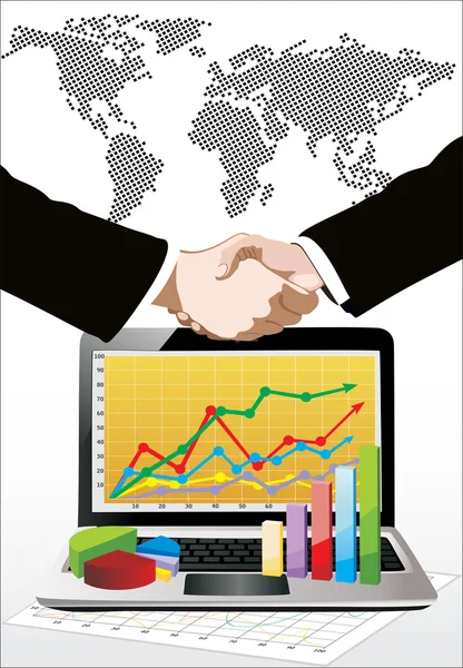 Mapa do mundo, laptop mostrando uma planilha com alguns gráficos 3d sobre ele e aperto de mão —  Vetores de Stock