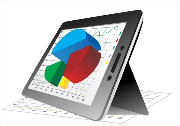 Computer tablet showing a spreadsheet with some 3d charts over it — Stock Vector