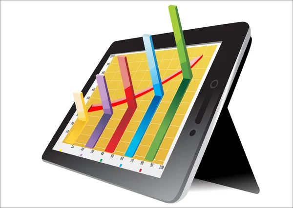 Computer tablet showing a spreadsheet with some 3d charts over it — Stock Vector