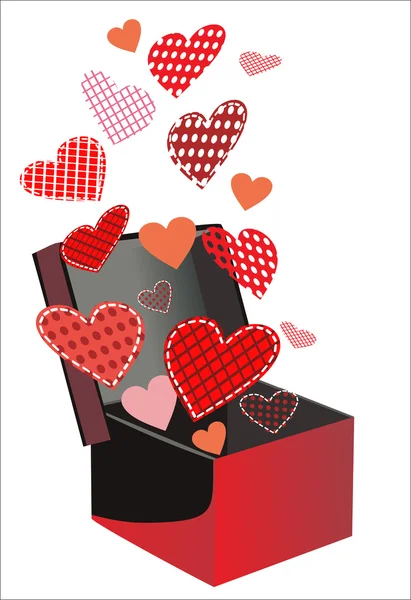 Röda hjärtan kommer ut från presentförpackning. — Stock vektor