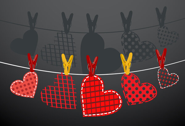 Paper hearts hanging from a rope. Part of Valentines day set. Vector.
