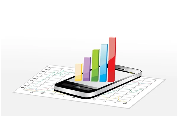 Smartphone showing a spreadsheet with some 3d charts over it — Stock Vector