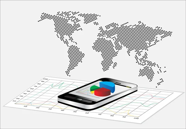 Mappa del mondo e Smartphone che mostrano un foglio di calcolo con alcuni grafici 3d su di esso — Vettoriale Stock