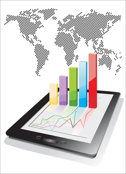 World map and computer tablet showing a spreadsheet with some 3d charts over it — Stock Vector