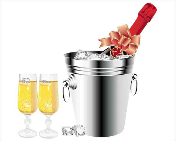 Champagne bottle in bucket with ice and glasses of champagne, isolated on white — Stock Vector