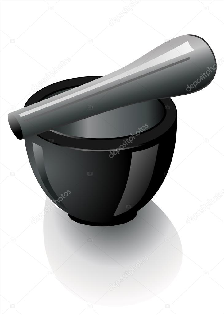 Black stone mortar and pestle over white background