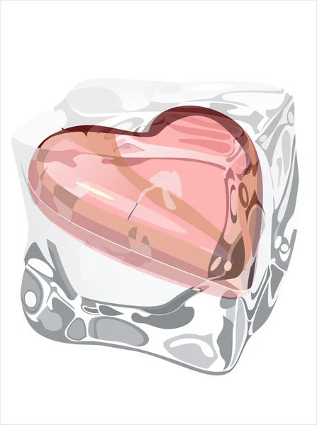 Червоне серце заморожене в крижаному кубі ізольовано на білому — стоковий вектор