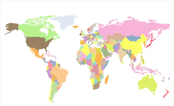 Mapa mundial detalhado das cores do arco-íris. Nomes, marcas de cidades e fronteiras nacionais estão em camadas separadas . —  Vetores de Stock